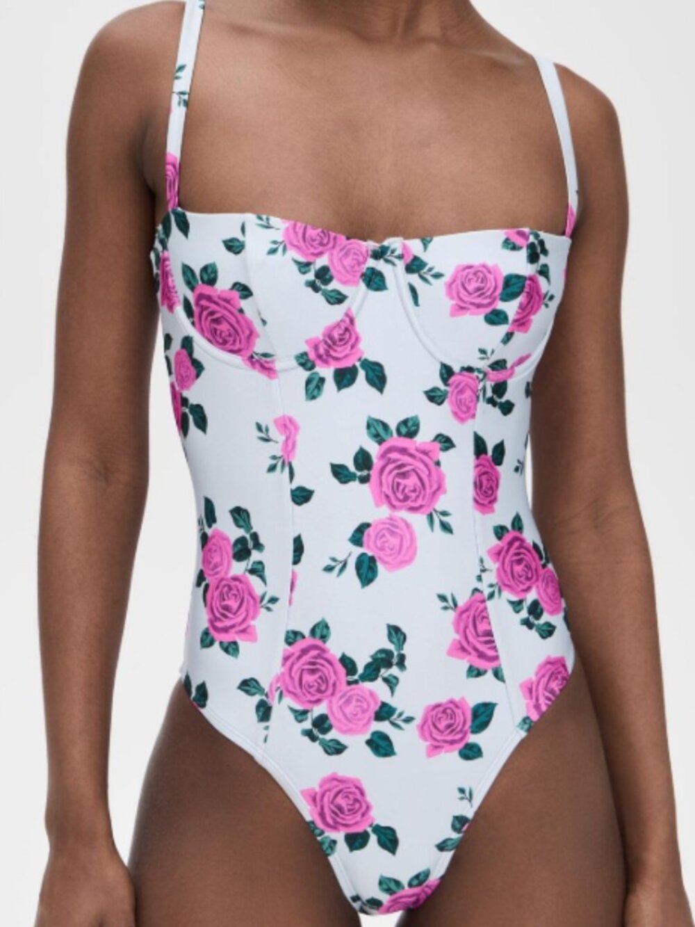 NWT Good american Satin Square Neck Open Back Swimsuit small roses